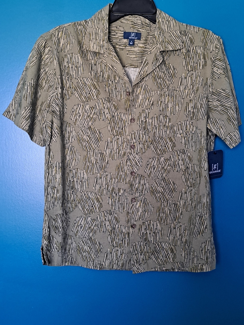 George Olive Short-Sleeve Button-Down Shirt with Cream & Brown Abstract Print